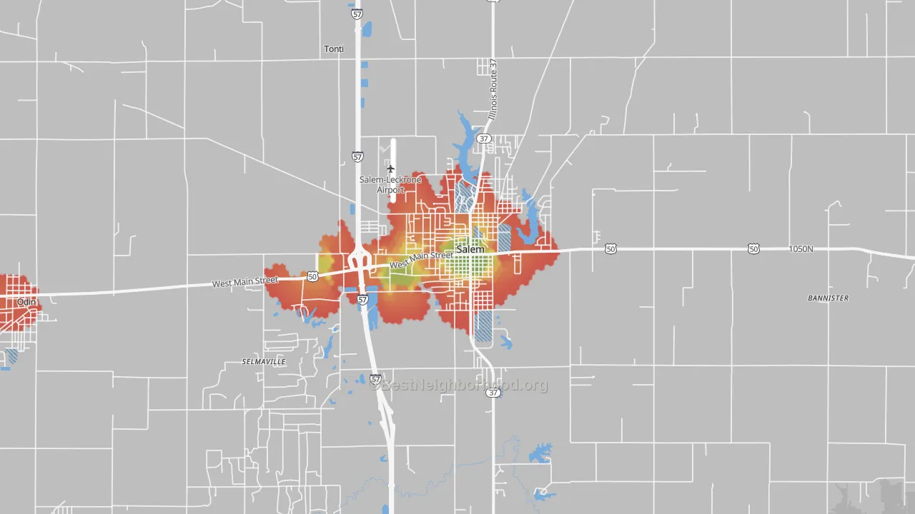 Walk Grade map of Salem, IL, walkable areas in green and car-dependent areas in red