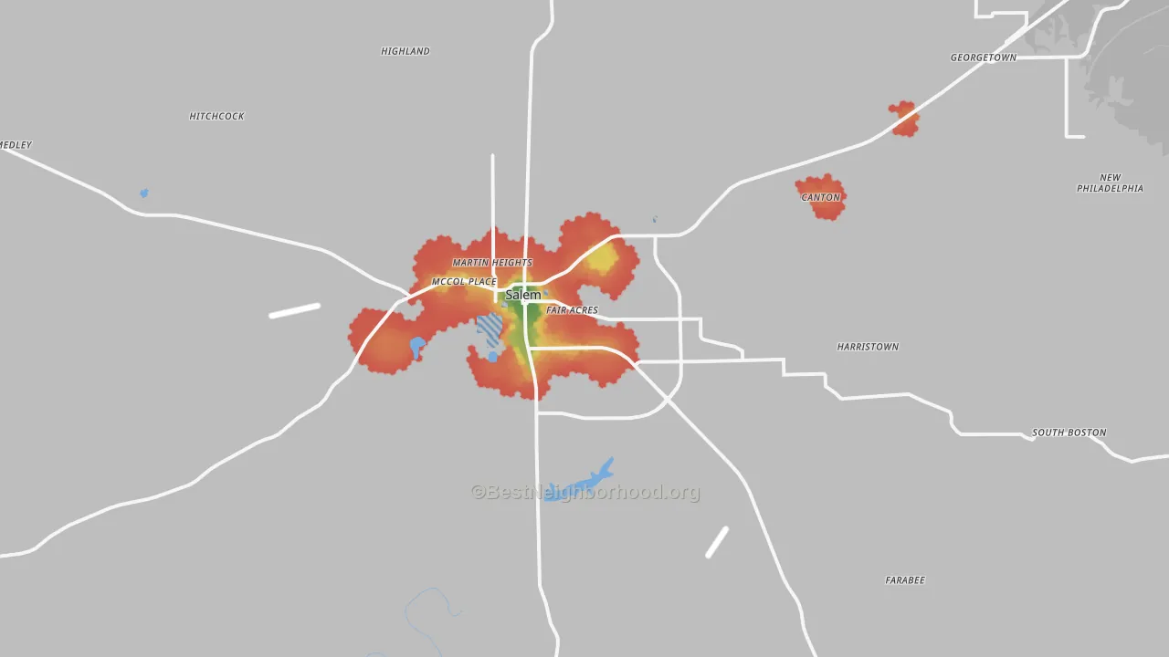Walk Grade map of Salem, IN, walkable areas in green and car-dependent areas in red