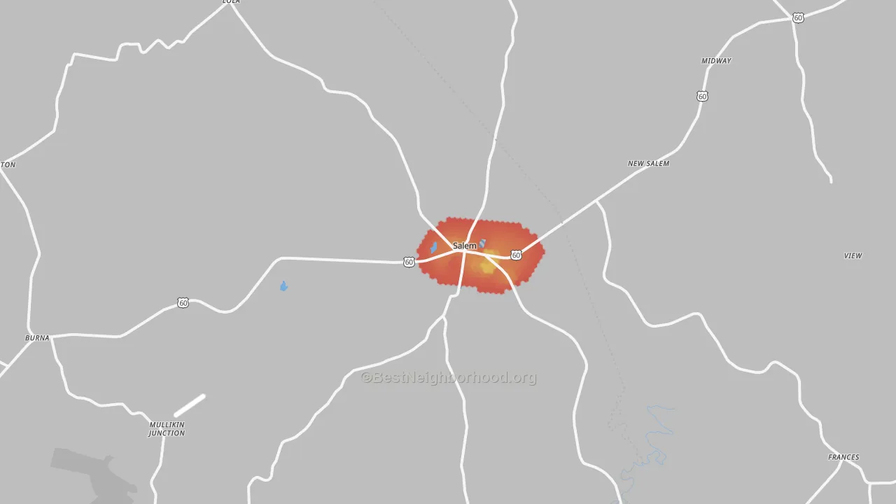 Walk Grade map of Salem, KY, walkable areas in green and car-dependent areas in red