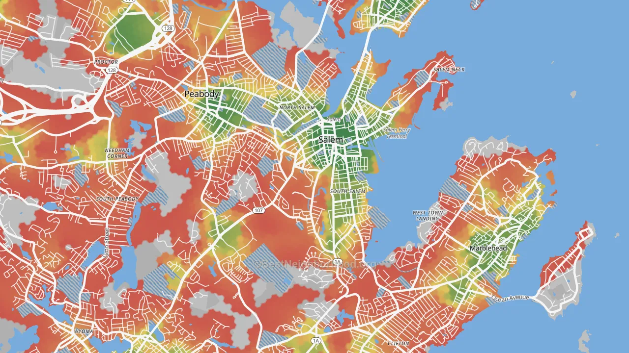 Walk Grade map of Salem, MA, walkable areas in green and car-dependent areas in red