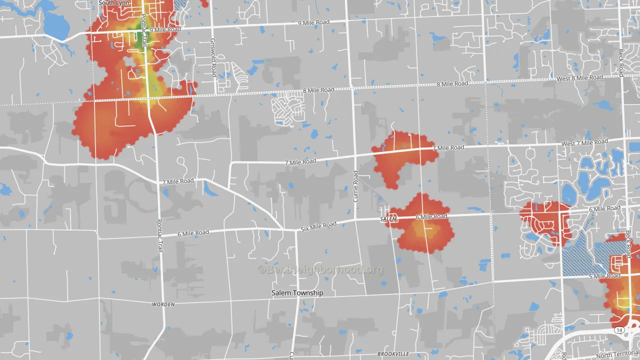 Walk Grade map of Salem, MI, walkable areas in green and car-dependent areas in red