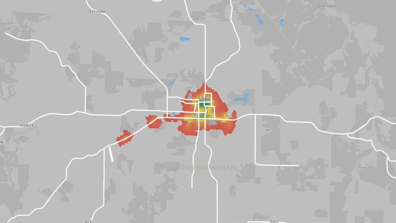 Walk Grade map of Salem, MO, walkable areas in green and car-dependent areas in red