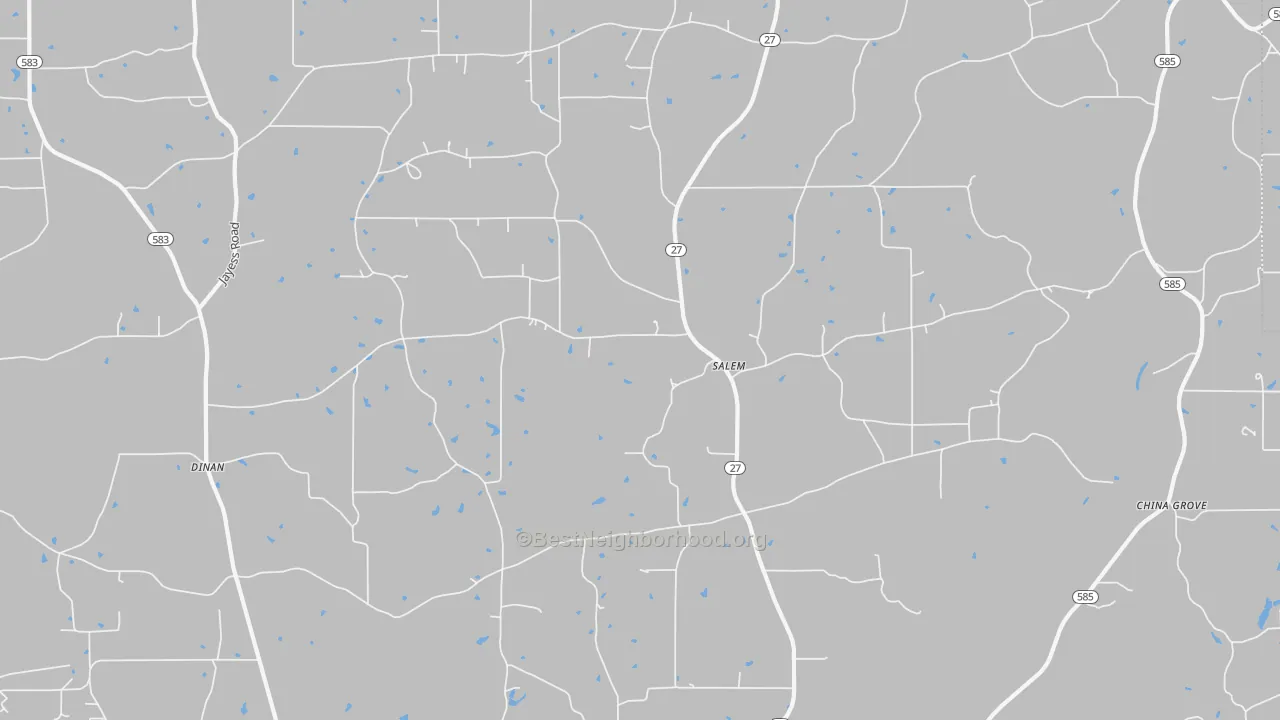 Walk Grade map of Salem, MS, walkable areas in green and car-dependent areas in red