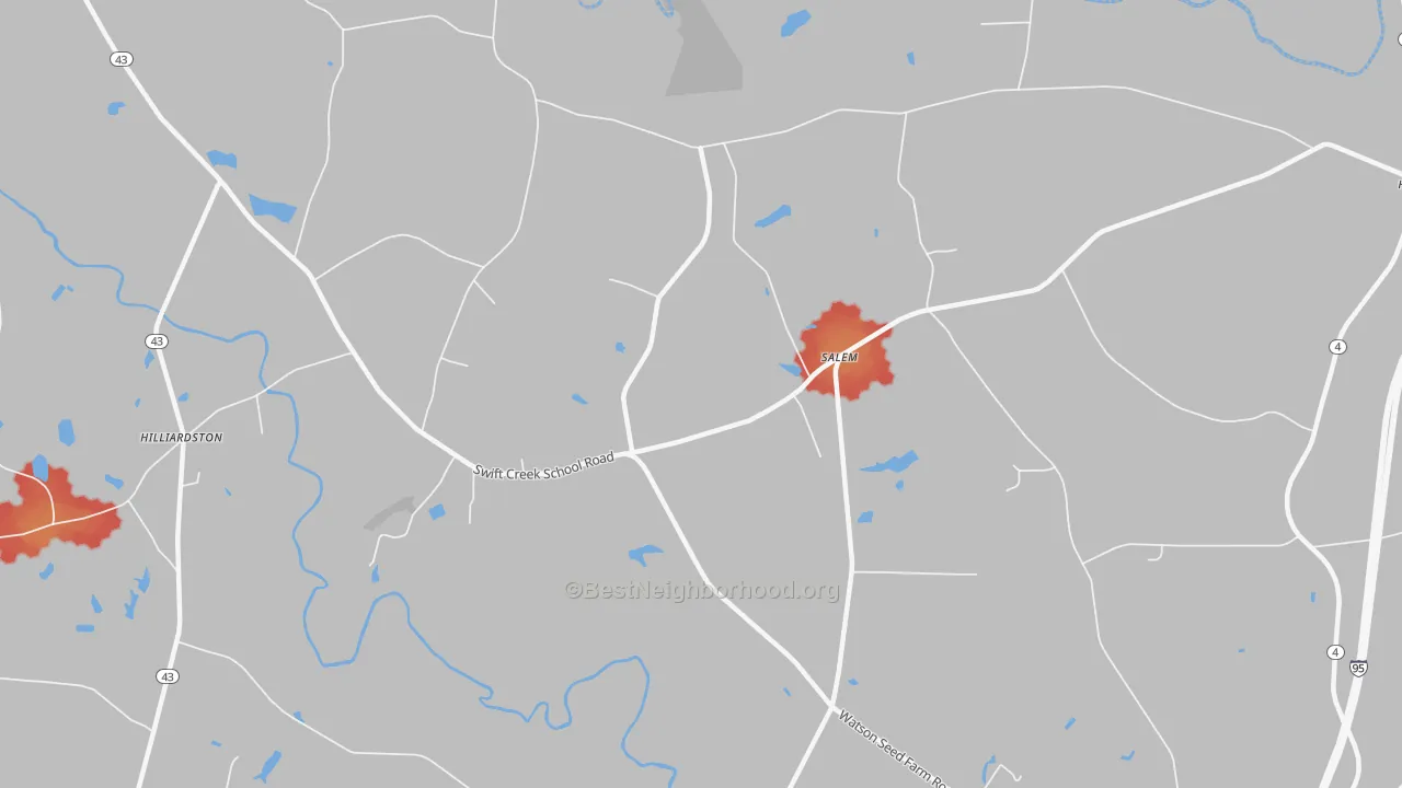 Walk Grade map of Salem, NC, walkable areas in green and car-dependent areas in red