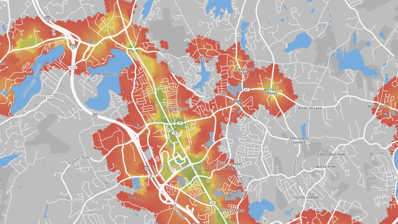 Walk Grade map of Salem, NH, walkable areas in green and car-dependent areas in red