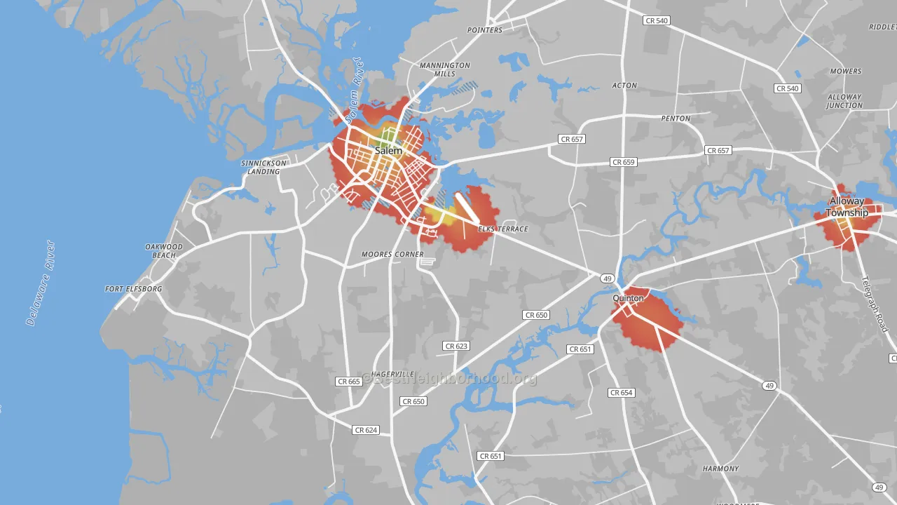 Walk Grade map of Salem, NJ, walkable areas in green and car-dependent areas in red