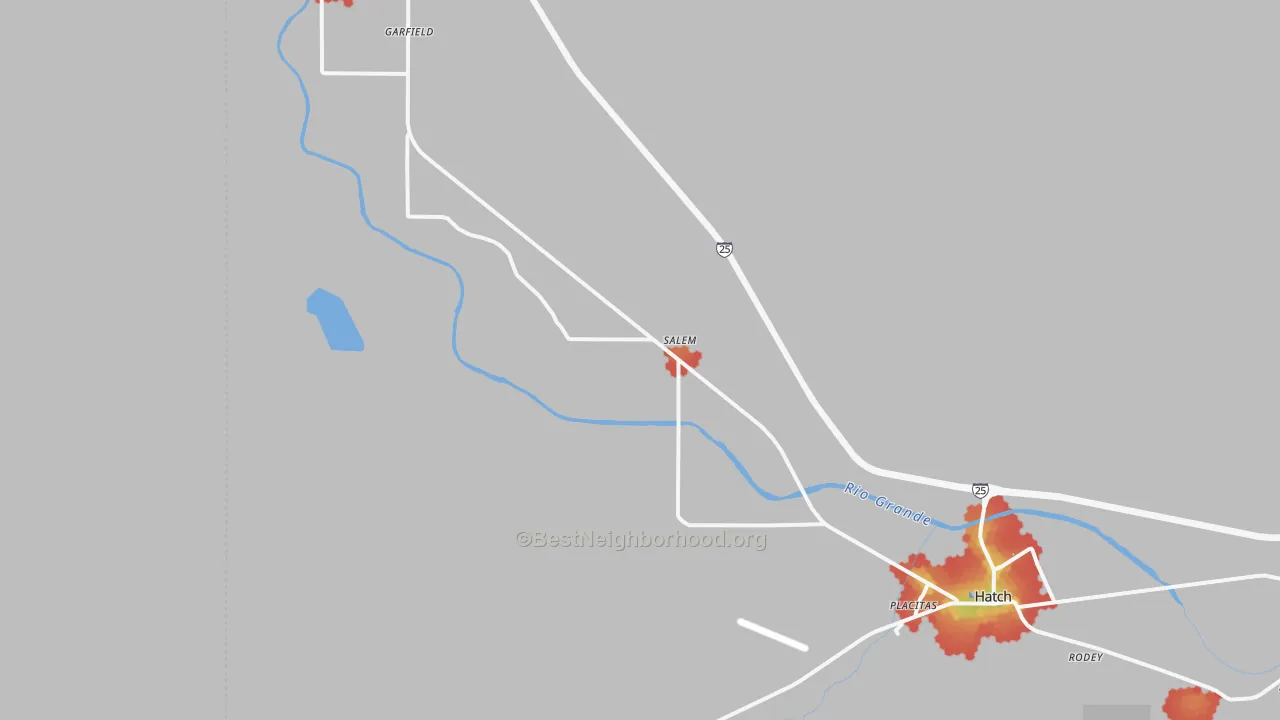 Walk Grade map of Salem, NM, walkable areas in green and car-dependent areas in red