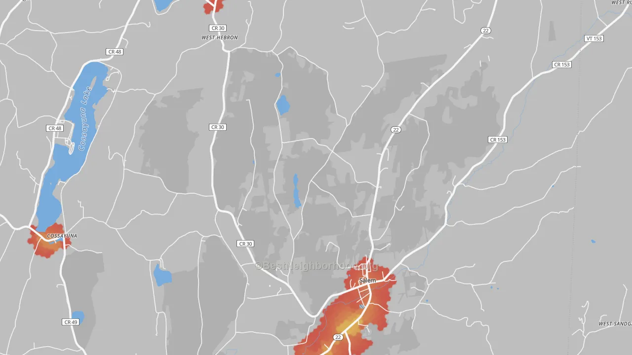 Walk Grade map of Salem, NY, walkable areas in green and car-dependent areas in red