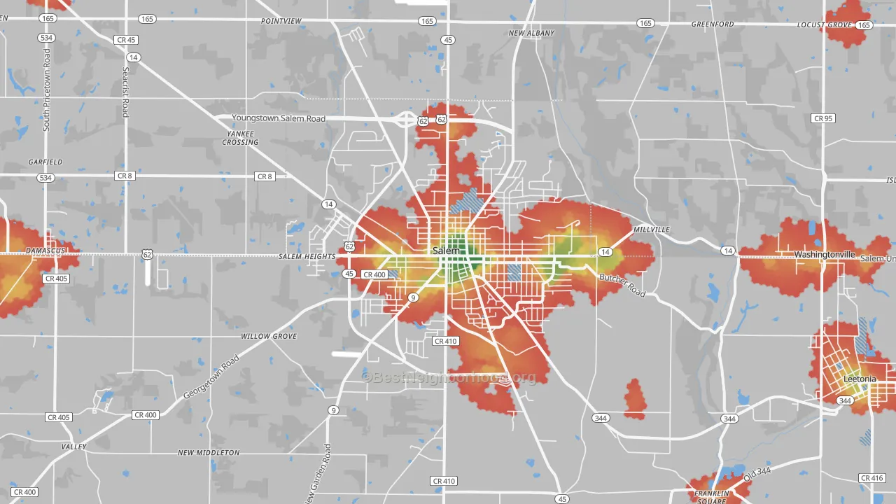 Walk Grade map of Salem, OH, walkable areas in green and car-dependent areas in red