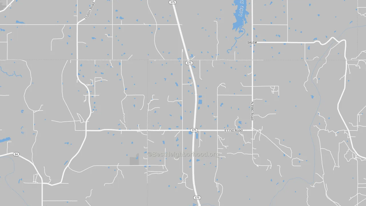 Walk Grade map of Salem, OK, walkable areas in green and car-dependent areas in red