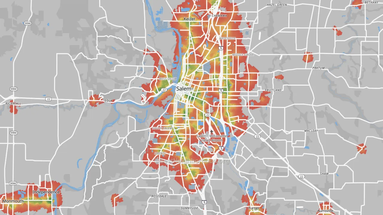 Walk Grade map of Salem, OR, walkable areas in green and car-dependent areas in red