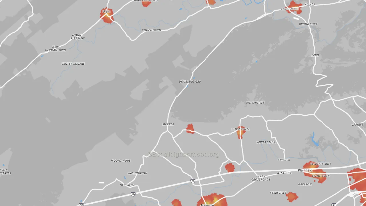 Walk Grade map of Salem, PA, walkable areas in green and car-dependent areas in red
