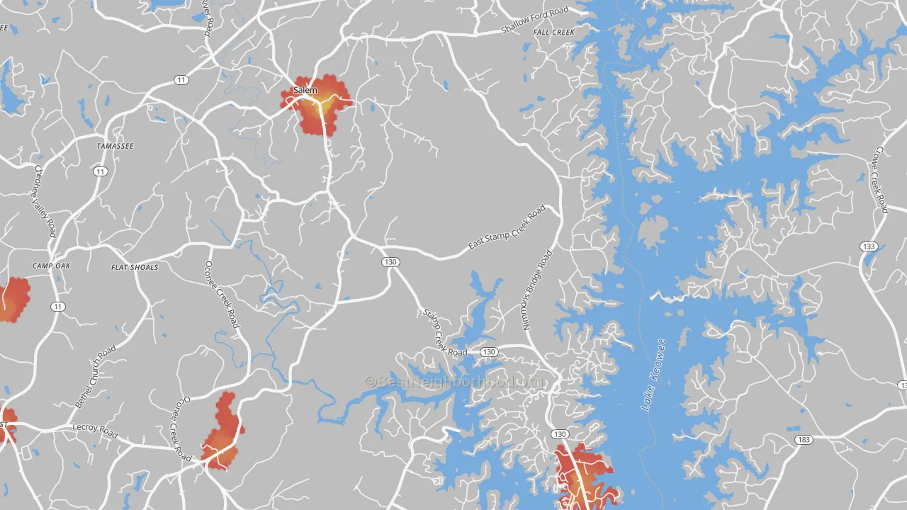 Walk Grade map of Salem, SC, walkable areas in green and car-dependent areas in red