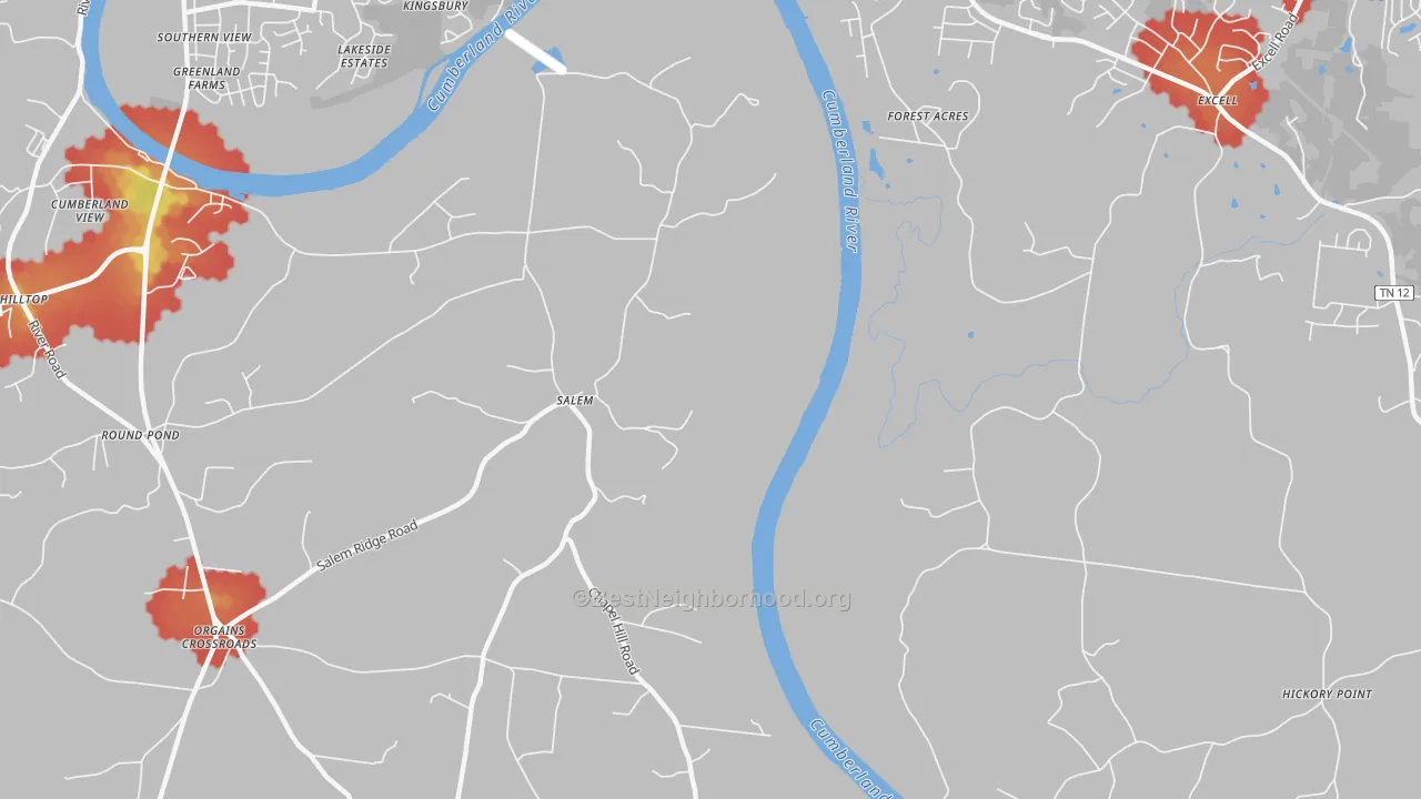 Walk Grade map of Salem, TN, walkable areas in green and car-dependent areas in red