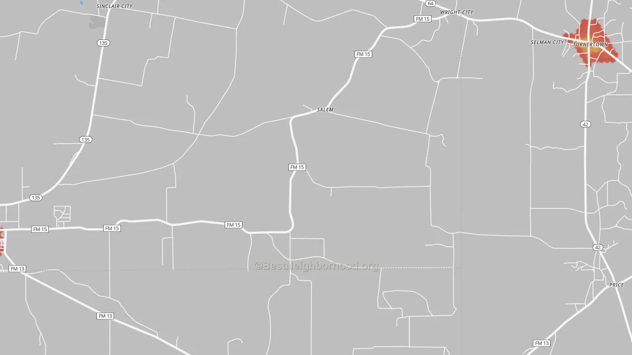 Walk Grade map of Salem, TX, walkable areas in green and car-dependent areas in red