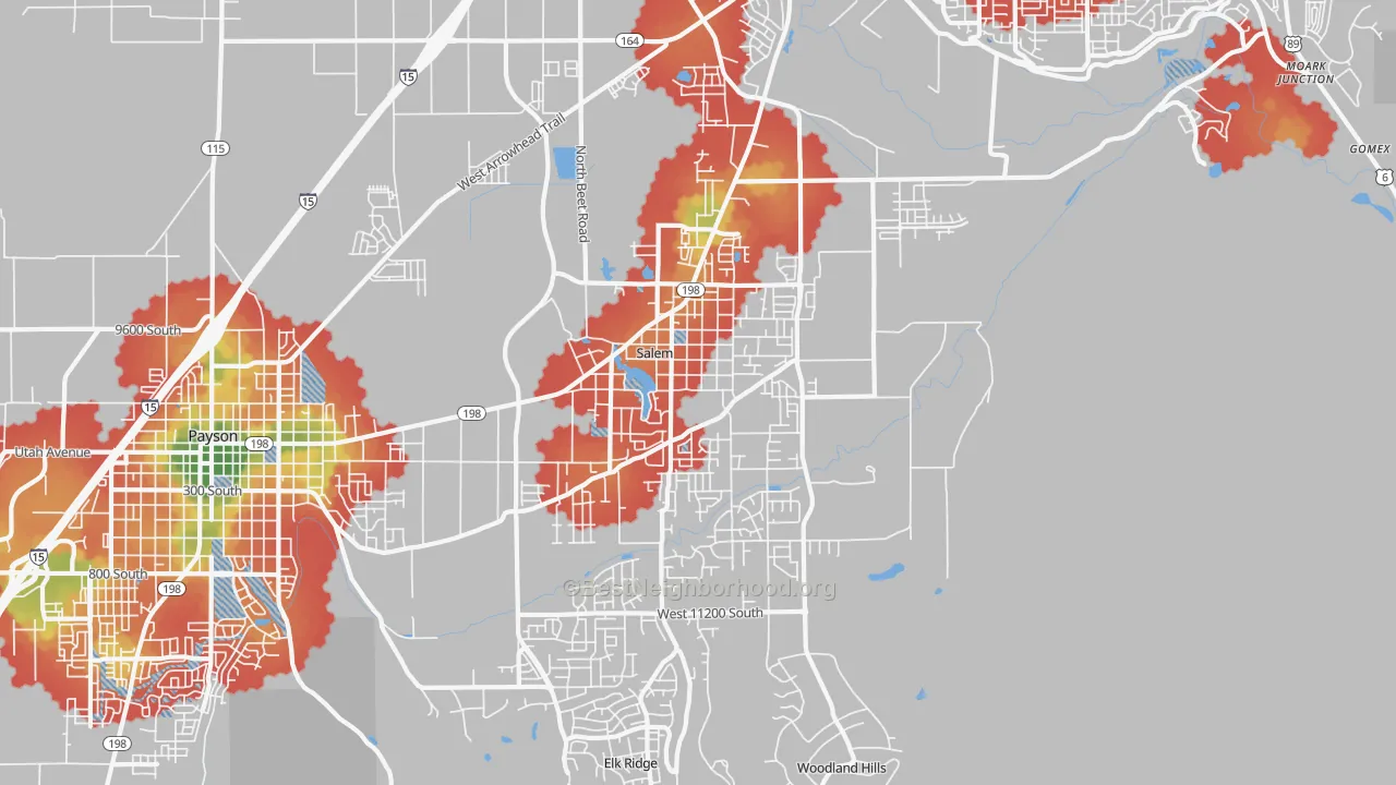 Walk Grade map of Salem, UT, walkable areas in green and car-dependent areas in red