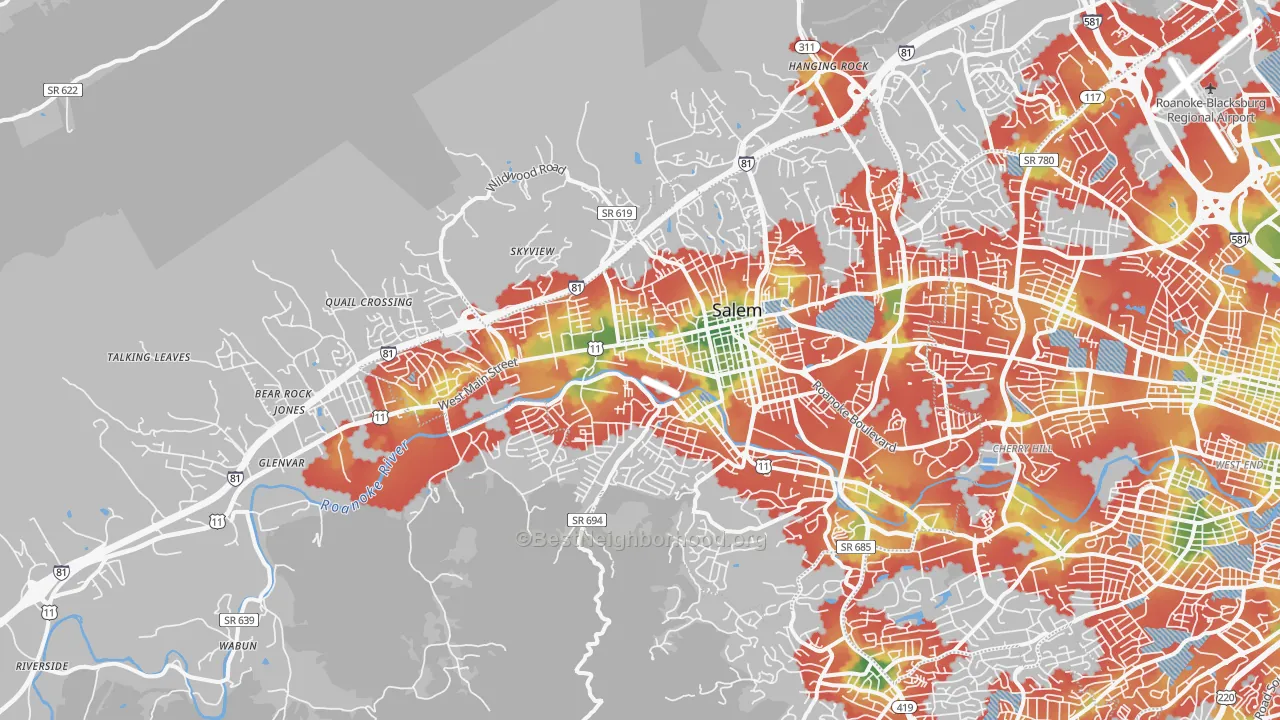 Walk Grade map of Salem, VA, walkable areas in green and car-dependent areas in red