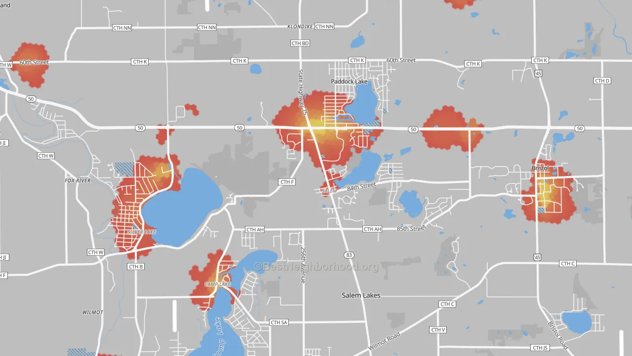 Walk Grade map of Salem, WI, walkable areas in green and car-dependent areas in red
