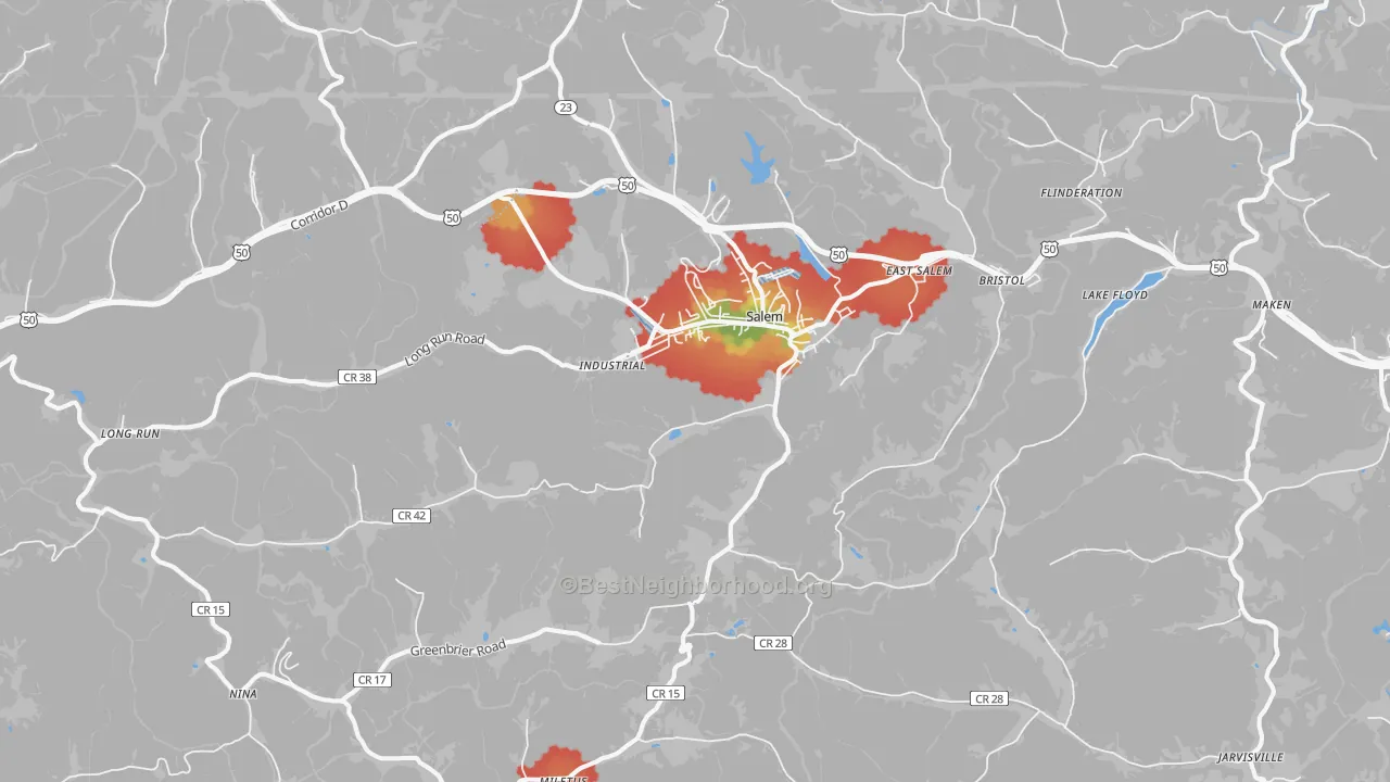 Walk Grade map of Salem, WV, walkable areas in green and car-dependent areas in red