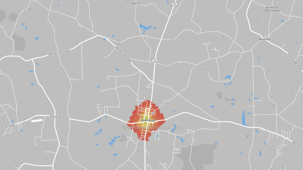 Walk Grade map of Salemburg, NC, walkable areas in green and car-dependent areas in red