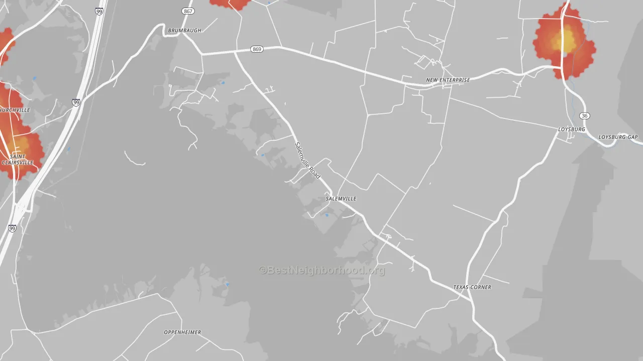 Walk Grade map of Salemville, PA, walkable areas in green and car-dependent areas in red