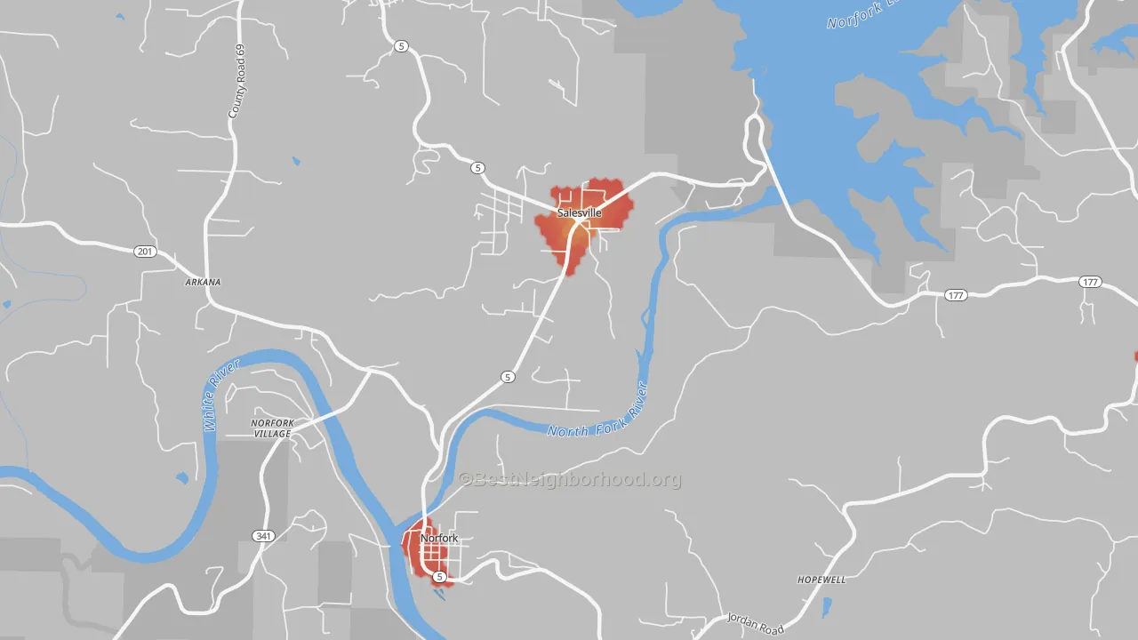 Walk Grade map of Salesville, AR, walkable areas in green and car-dependent areas in red