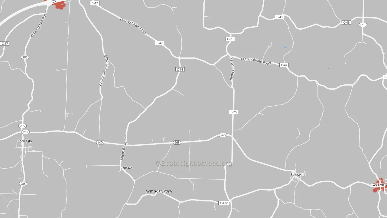 Walk Grade map of Salesville, OH, walkable areas in green and car-dependent areas in red