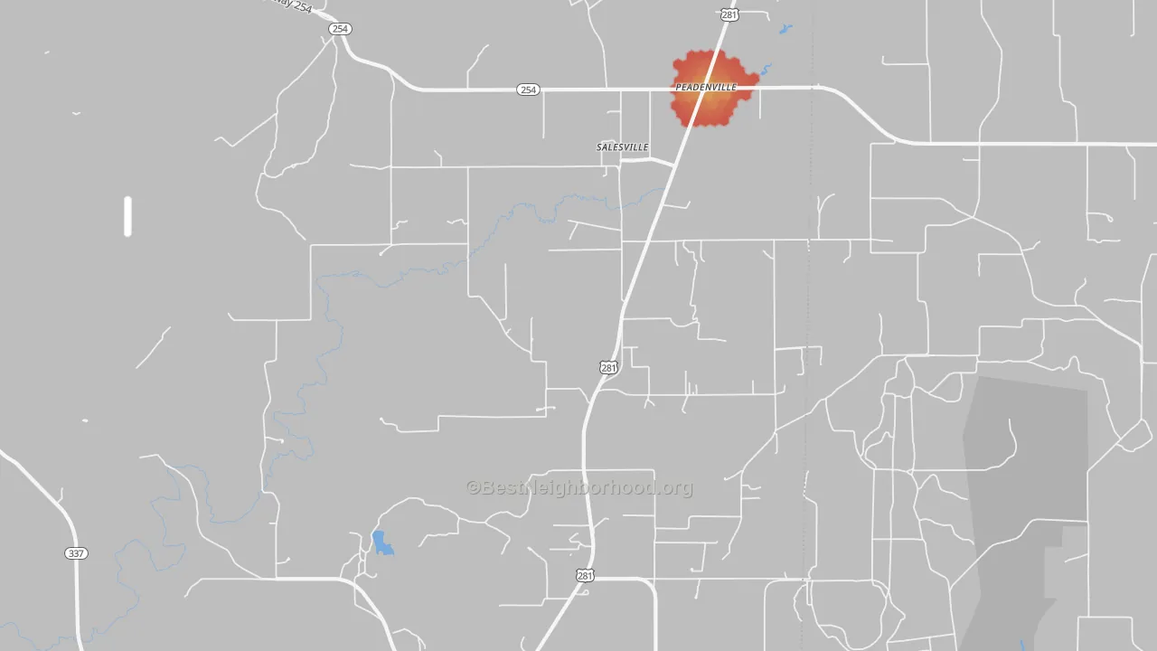Walk Grade map of Salesville, TX, walkable areas in green and car-dependent areas in red