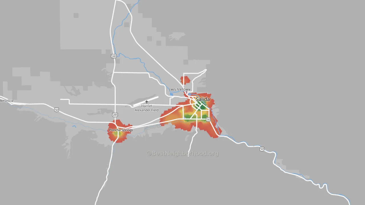 Walk Grade map of Salida, CO, walkable areas in green and car-dependent areas in red