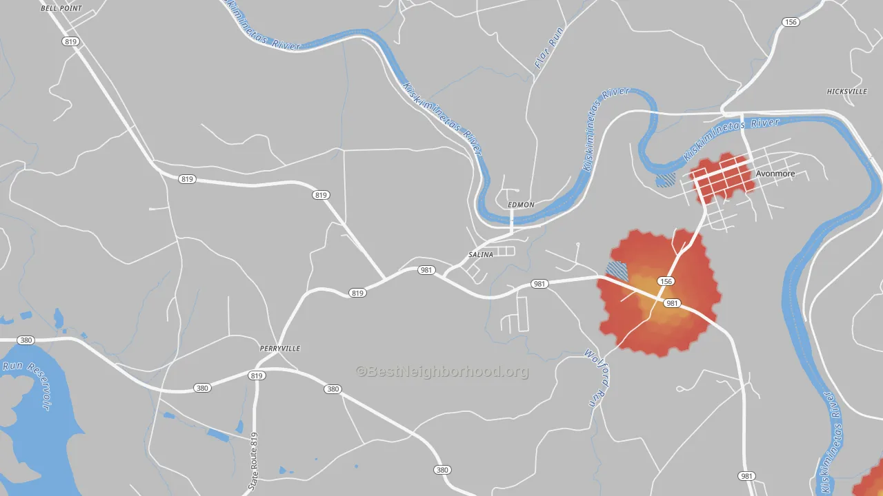 Walk Grade map of Salina, PA, walkable areas in green and car-dependent areas in red