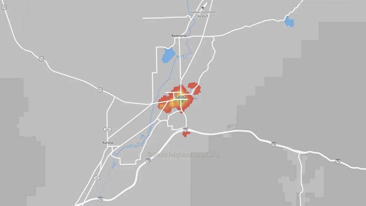 Walk Grade map of Salina, UT, walkable areas in green and car-dependent areas in red