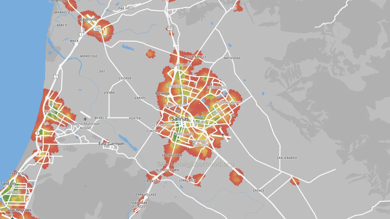 Walk Grade map of Salinas, CA, walkable areas in green and car-dependent areas in red