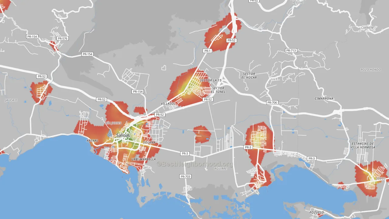 Walk Grade map of Salinas Municipio, PR, walkable areas in green and car-dependent areas in red