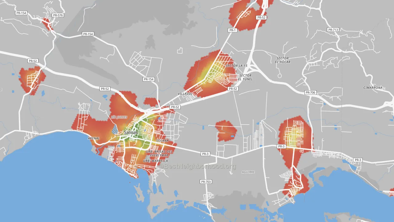 Walk Grade map of Salinas, PR, walkable areas in green and car-dependent areas in red