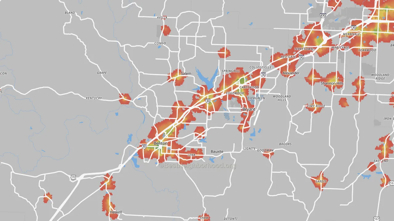Walk Grade map of Saline County, AR, walkable areas in green and car-dependent areas in red