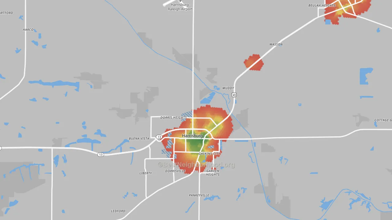 Walk Grade map of Saline County, IL, walkable areas in green and car-dependent areas in red