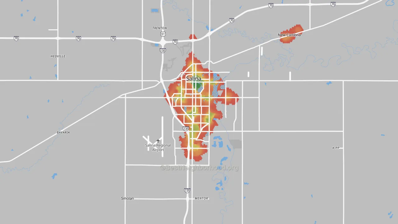 Walk Grade map of Saline County, KS, walkable areas in green and car-dependent areas in red