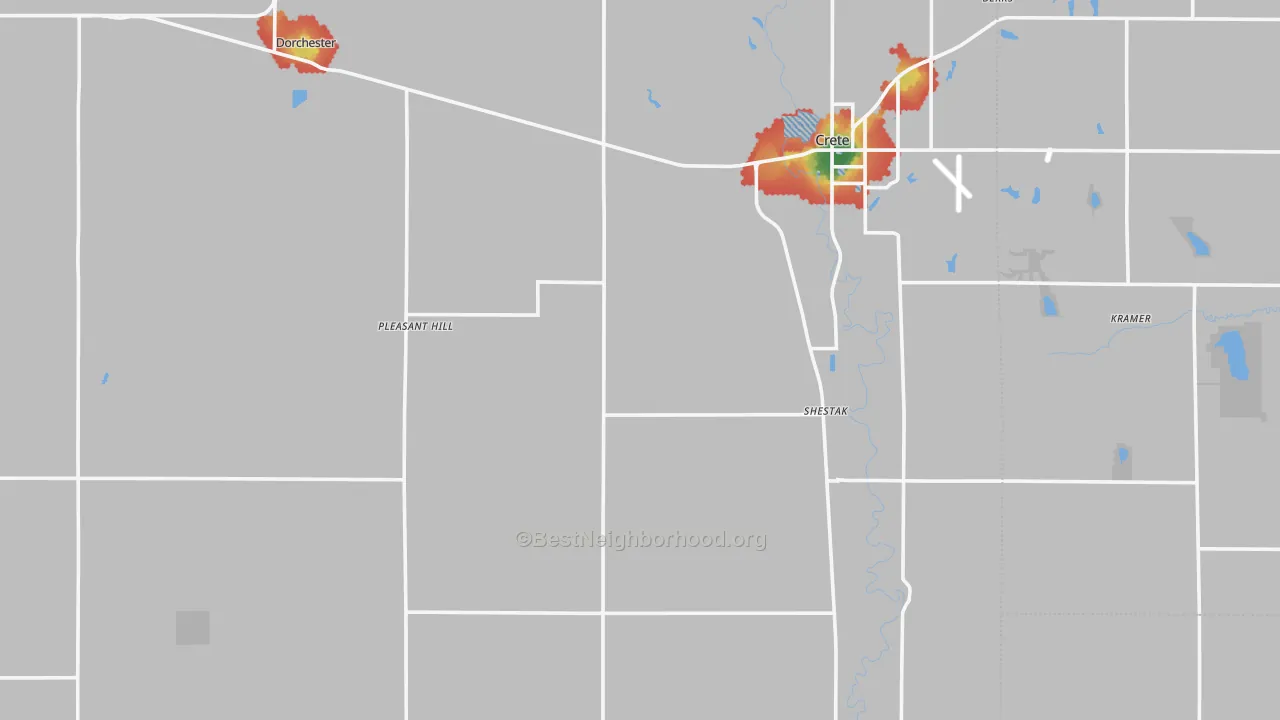 Walk Grade map of Saline County, NE, walkable areas in green and car-dependent areas in red