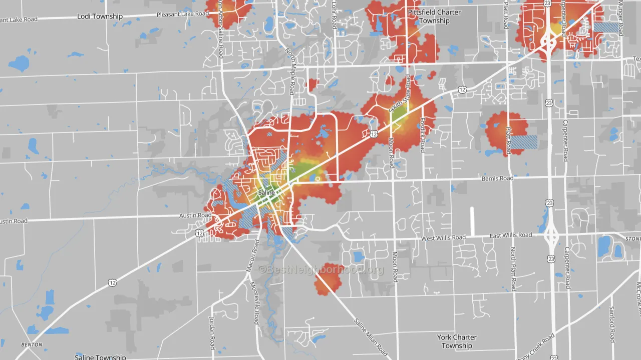 Walk Grade map of Saline, MI, walkable areas in green and car-dependent areas in red