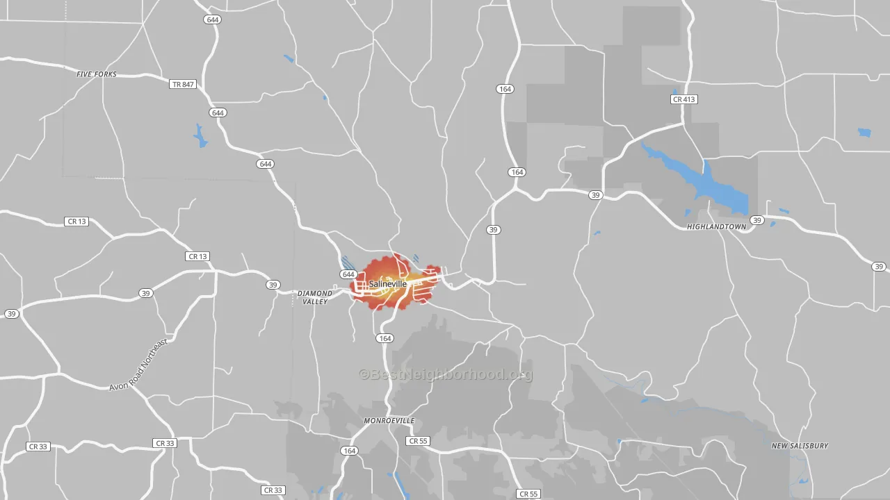 Walk Grade map of Salineville, OH, walkable areas in green and car-dependent areas in red