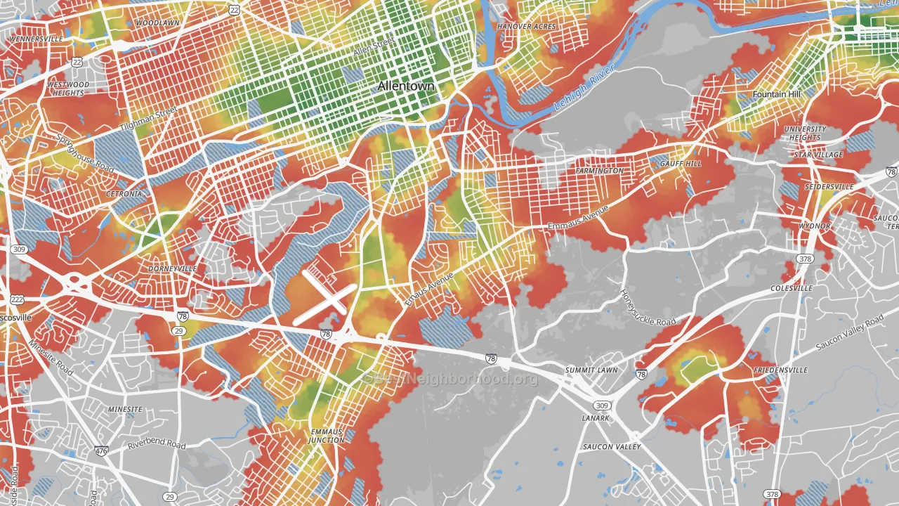 Walk Grade map of salisbury, Allentown, PA, walkable areas in green and car-dependent areas in red