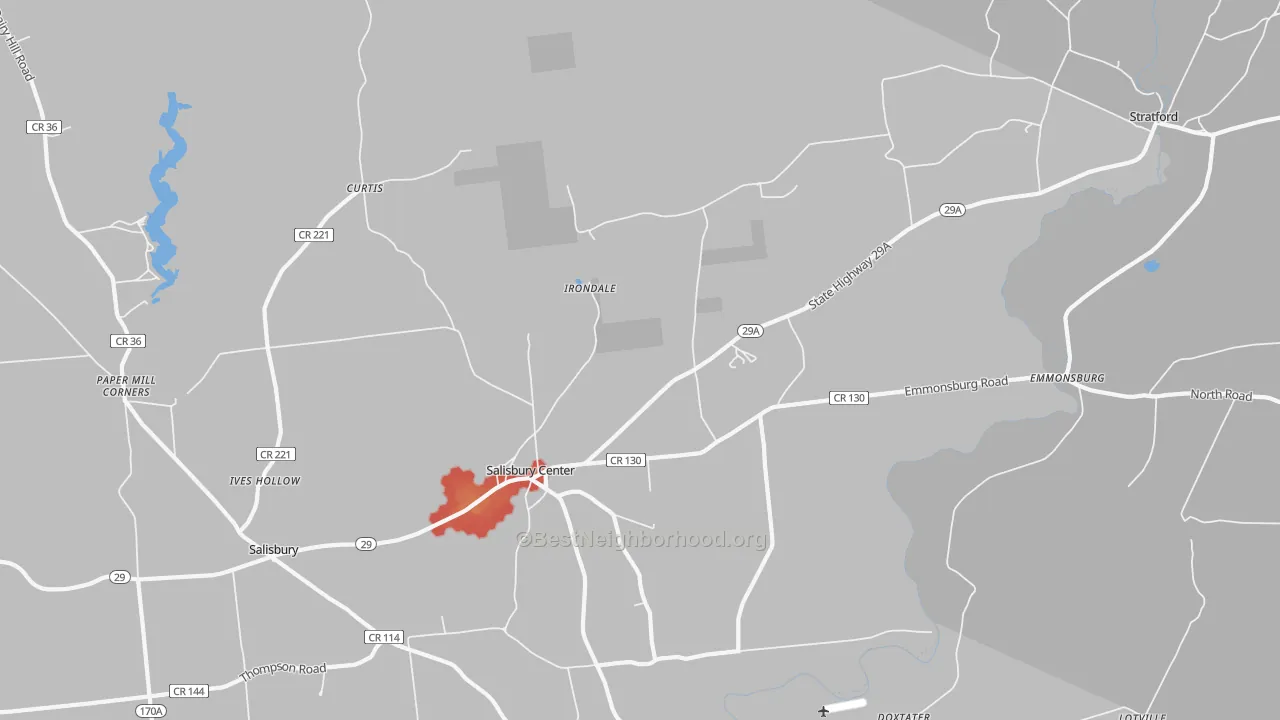 Walk Grade map of Salisbury Center, NY, walkable areas in green and car-dependent areas in red