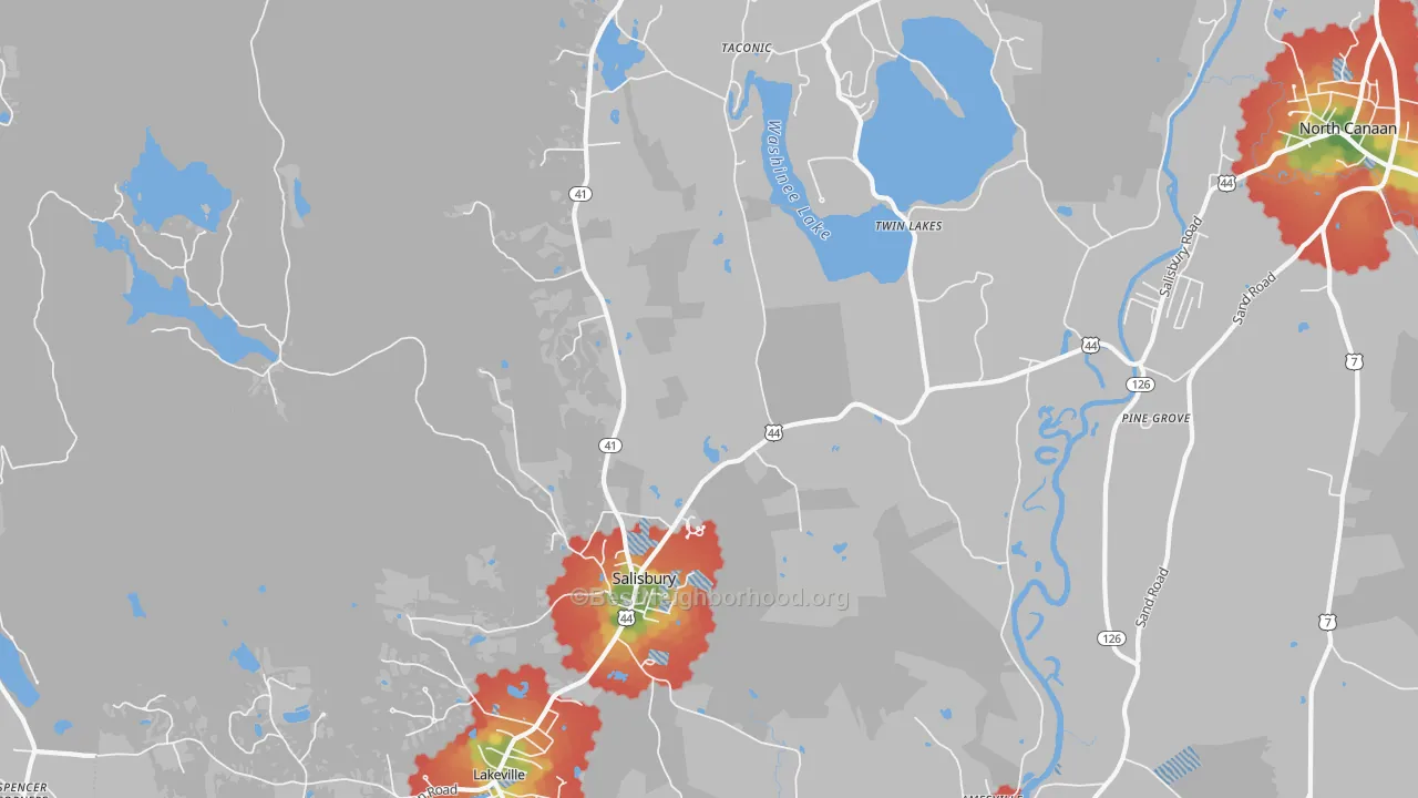 Walk Grade map of Salisbury, CT, walkable areas in green and car-dependent areas in red