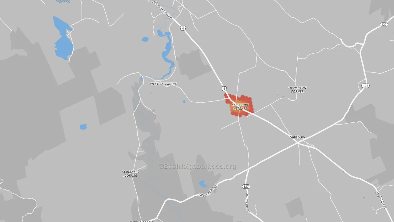 Walk Grade map of Salisbury Heights, NH, walkable areas in green and car-dependent areas in red
