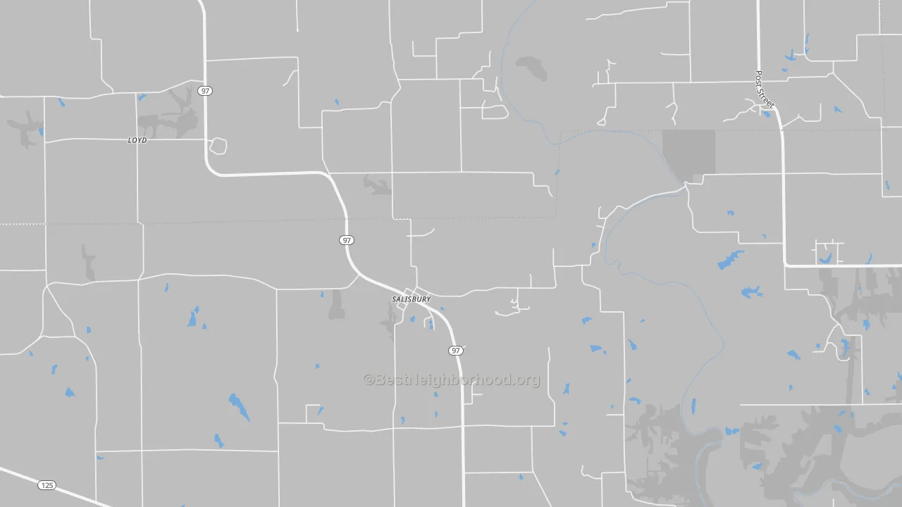 Walk Grade map of Salisbury, IL, walkable areas in green and car-dependent areas in red
