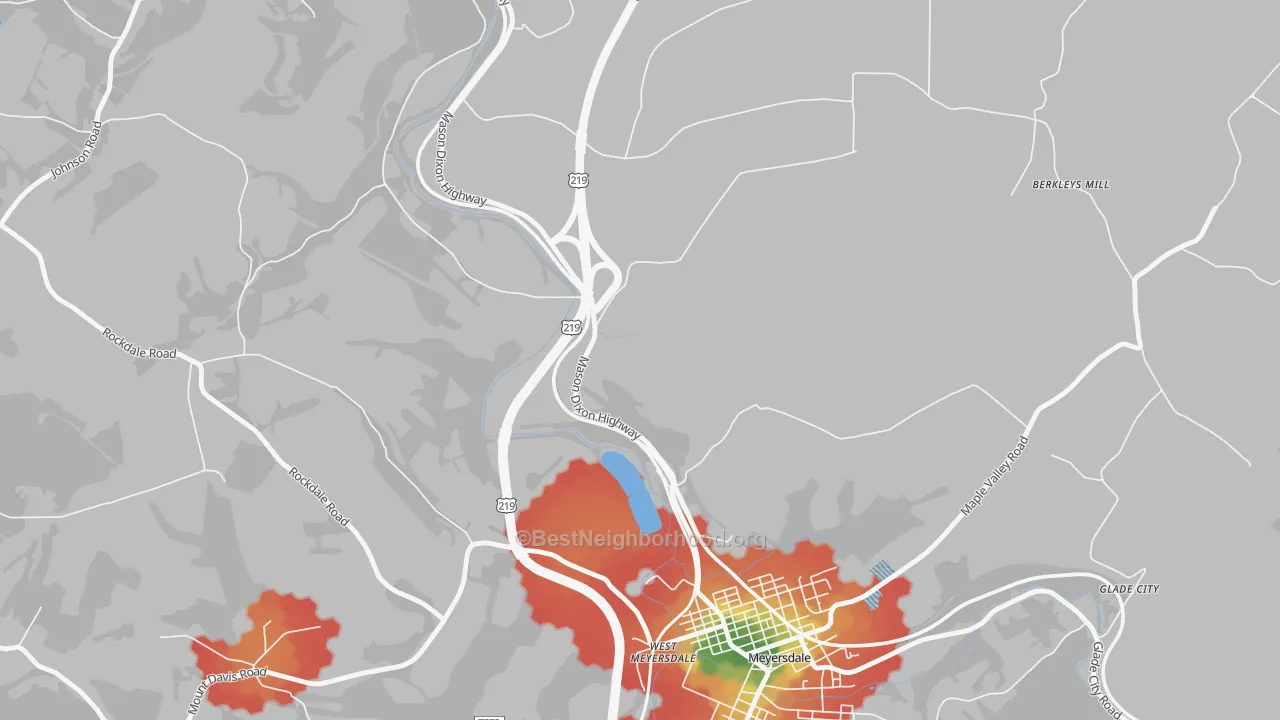 Walk Grade map of Salisbury Junction, PA, walkable areas in green and car-dependent areas in red