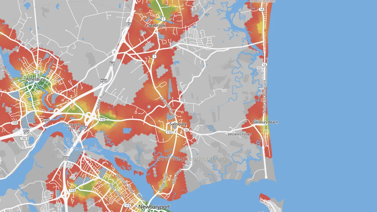 Walk Grade map of Salisbury, MA, walkable areas in green and car-dependent areas in red