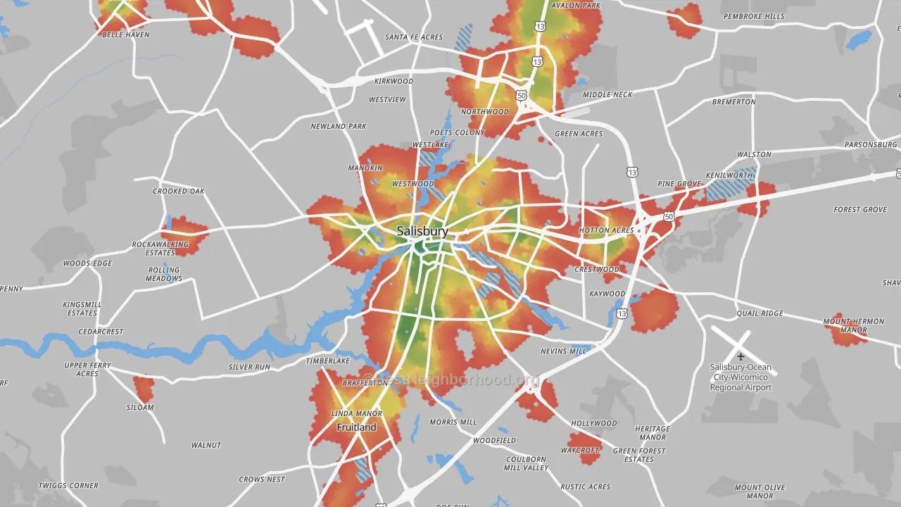 Walk Grade map of Salisbury, MD, walkable areas in green and car-dependent areas in red