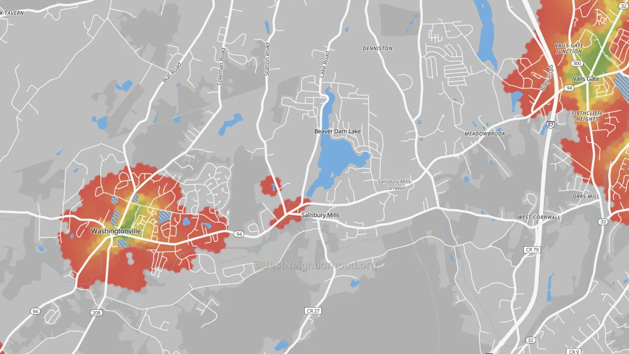 Walk Grade map of Salisbury Mills, NY, walkable areas in green and car-dependent areas in red