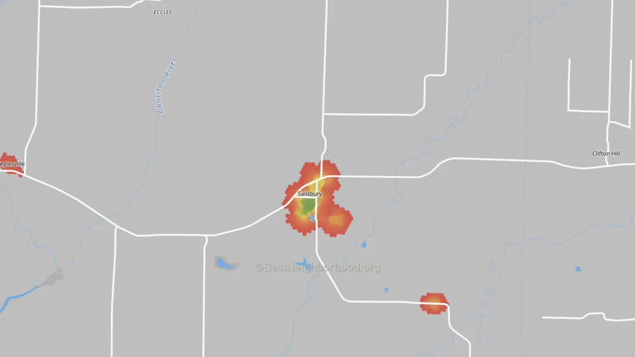 Walk Grade map of Salisbury, MO, walkable areas in green and car-dependent areas in red